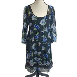 Loft Dress Blue Floral Sheer Lined 3/4 Sleeve Flowy Womens Size Small